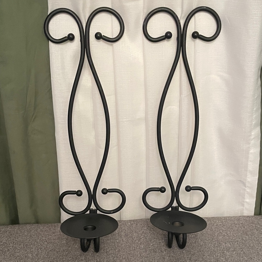 Set of 2 Large Black Wrought Iron Wall Hanging Candle Holders